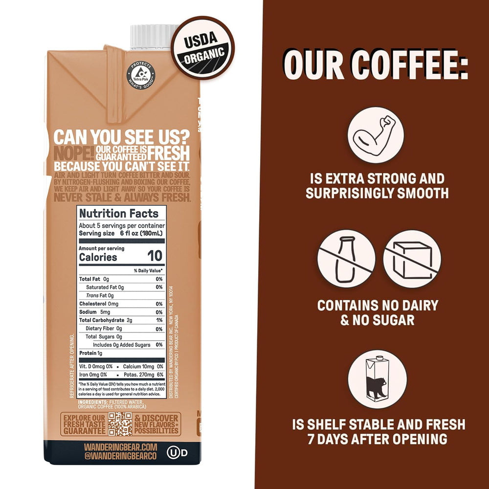 Wandering Bear Straight Black ingredients label features organic Arabica and no sugar