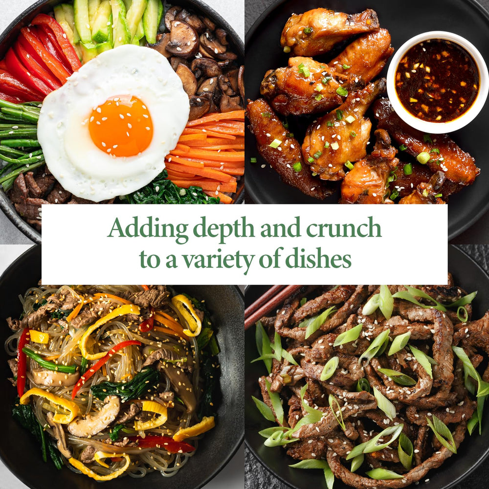 Golden-brown seeds offer versatile topping for noodles and vegetables.