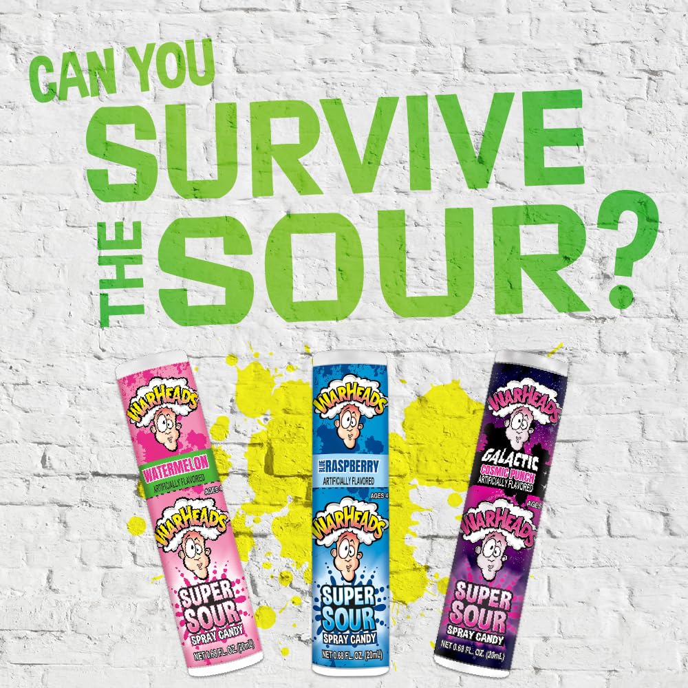 Warheads Super Sour Spray Green Apple bottle highlighting zingy tang for parties.
