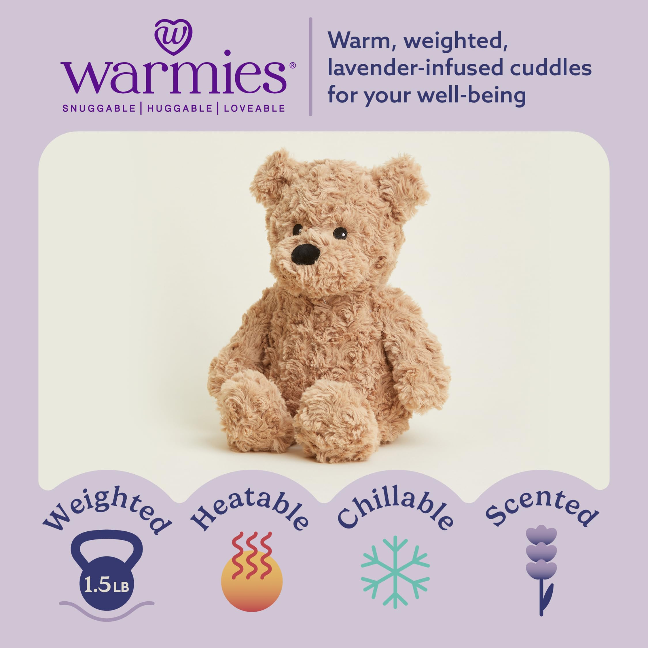 Warmies Brown Curly Bear weighted plush offering comforting hugs during bedtime.