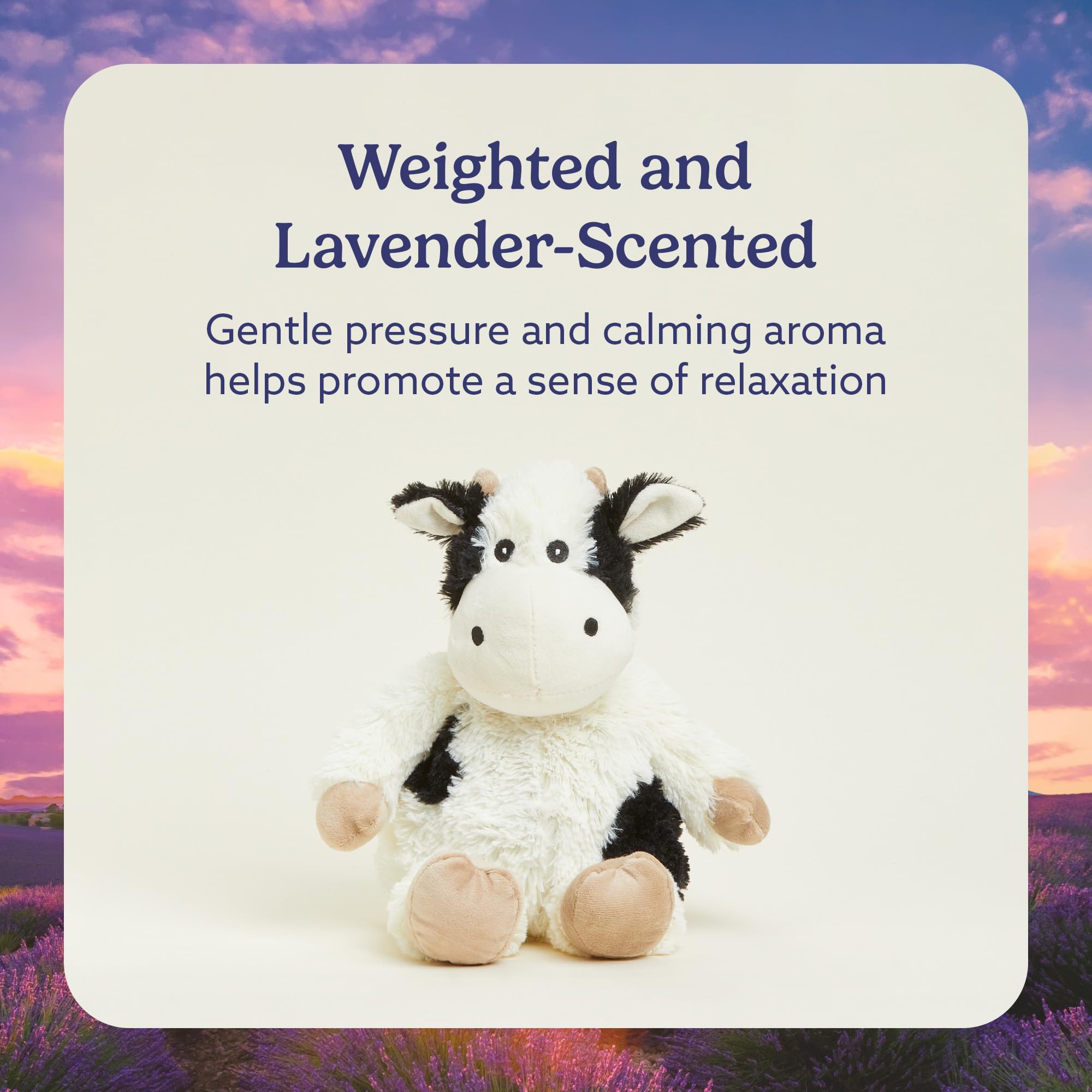 Warmies cow plush weighted for a comforting hug during quiet time.