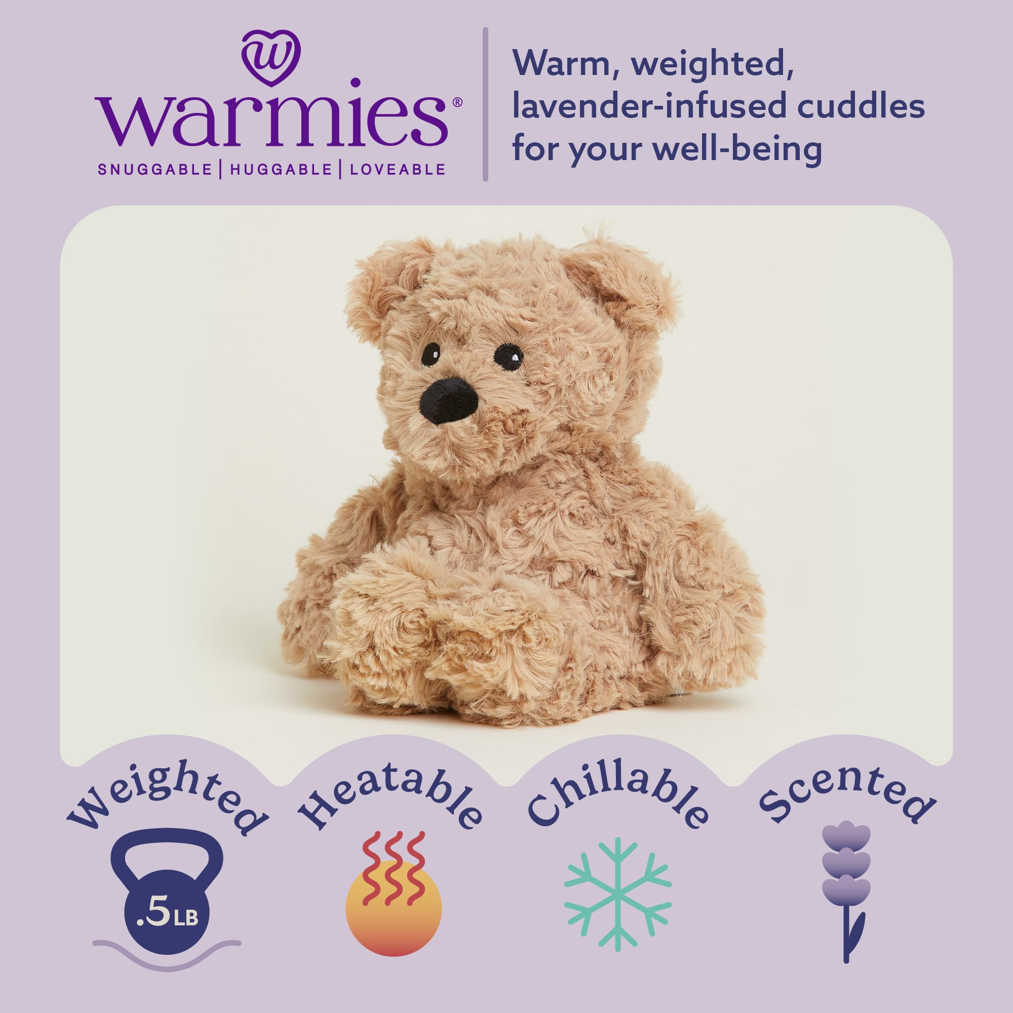 Warmies Junior Brown Curly Bear weighted plush ideal for calming snuggles and bedtime routines.