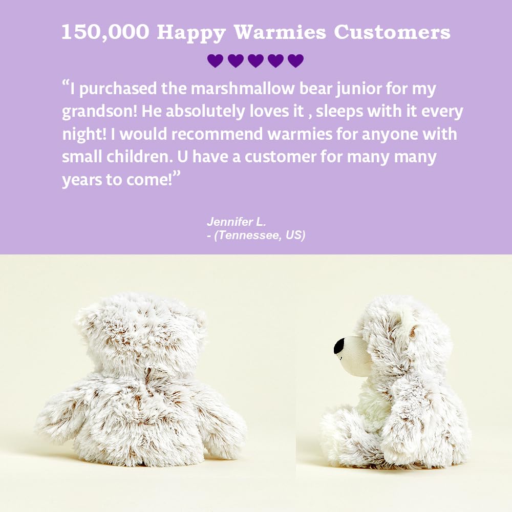 Warmies Marshmallow Bear fabric close-up highlights durable cover for lasting cuddles.