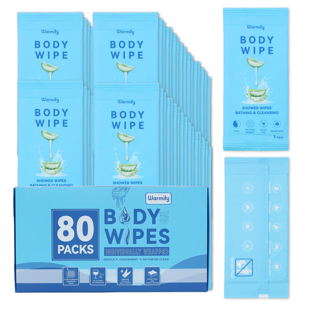 Warmify 80-pcs body wipes, individually wrapped for easy, on-the-go refreshing.