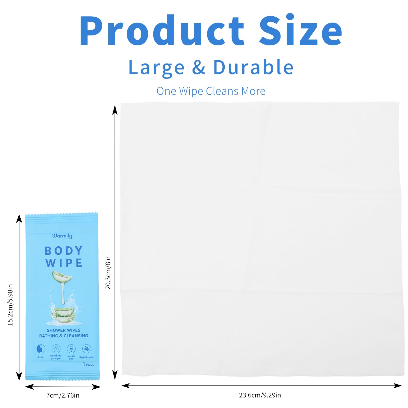 Warmify body wipes large 9.29 x 8 inches for full-body clean without water.