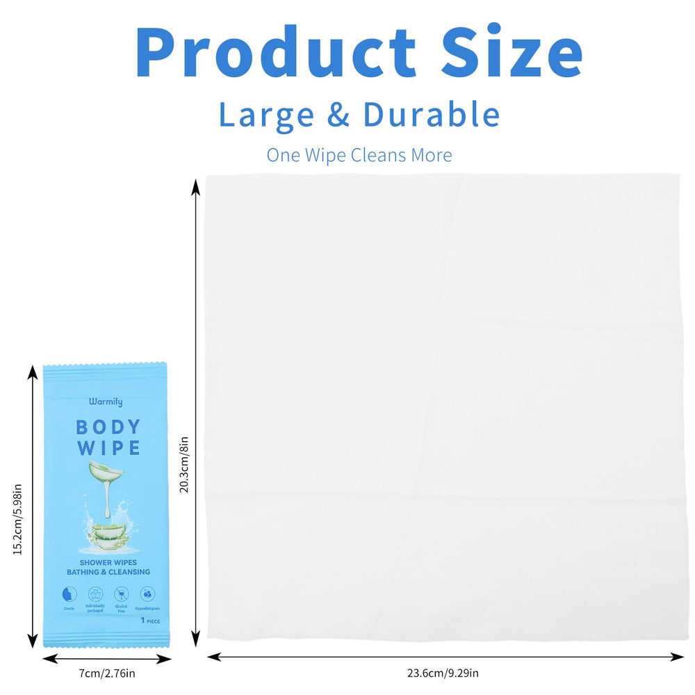 Warmify body wipes large 9.29 x 8 inches for full-body clean without water.