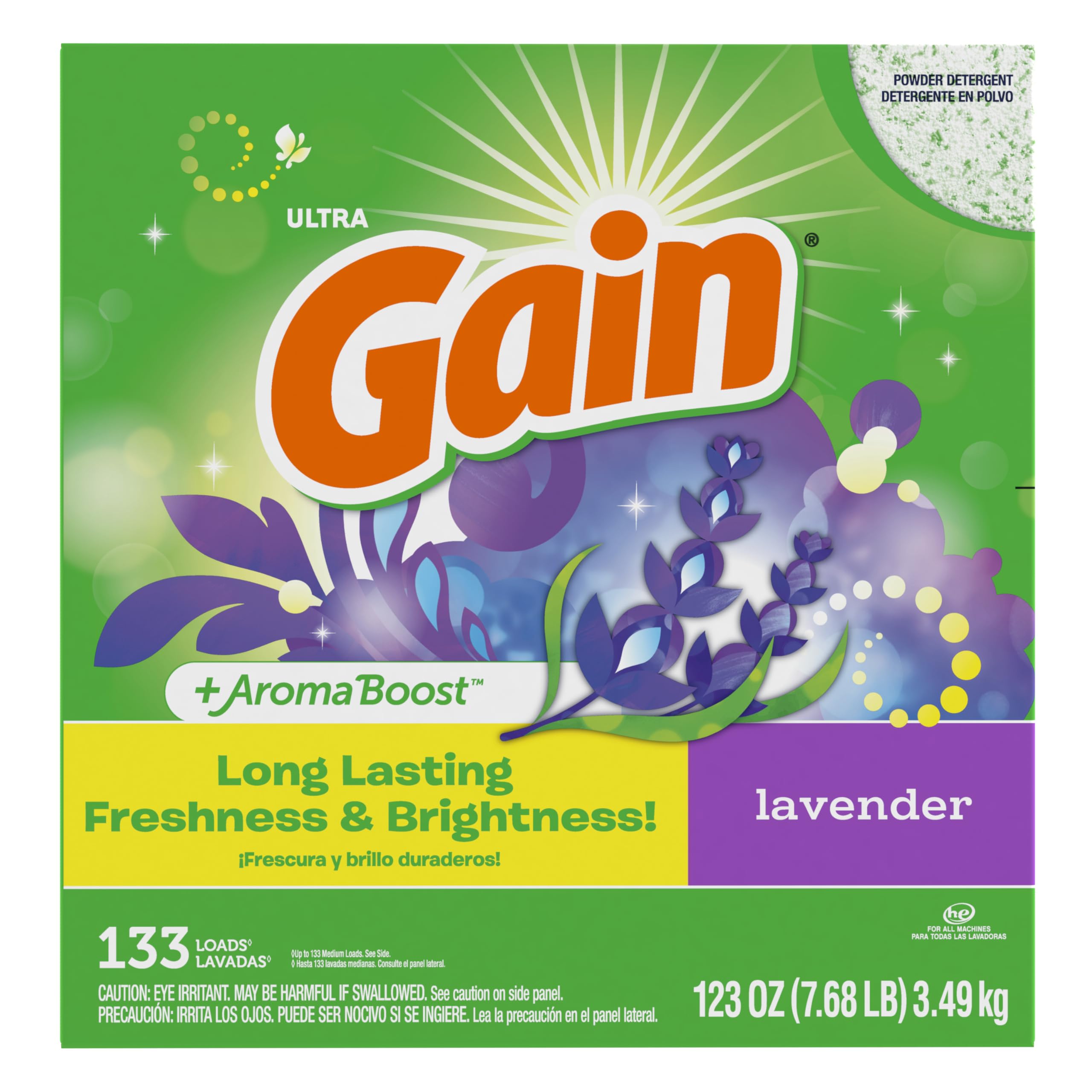 Washing machine in operation with Gain Lavender powder for daily loads.