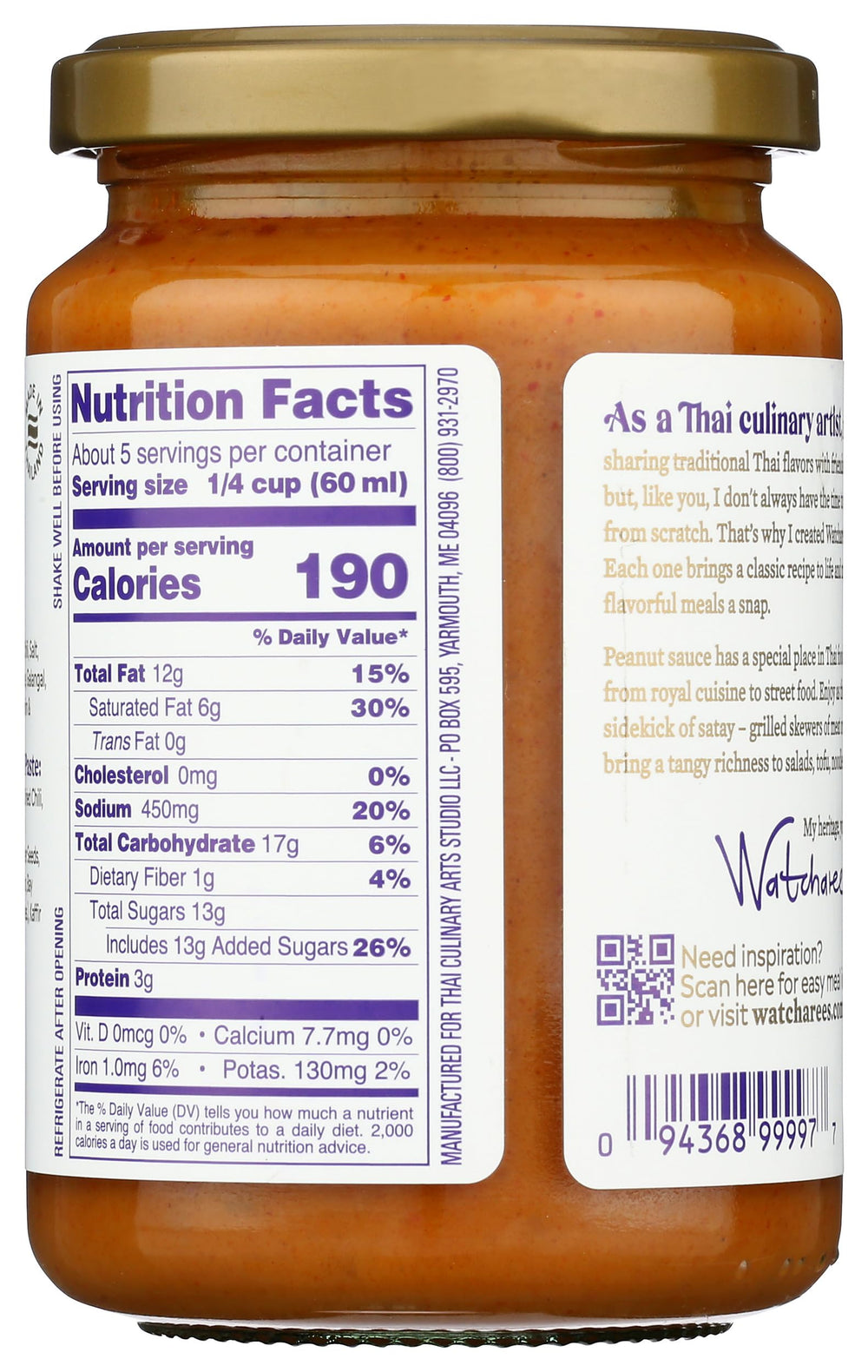 WATCHAREE'S Thai Peanut Sauce label detail highlights coconuts and peanuts