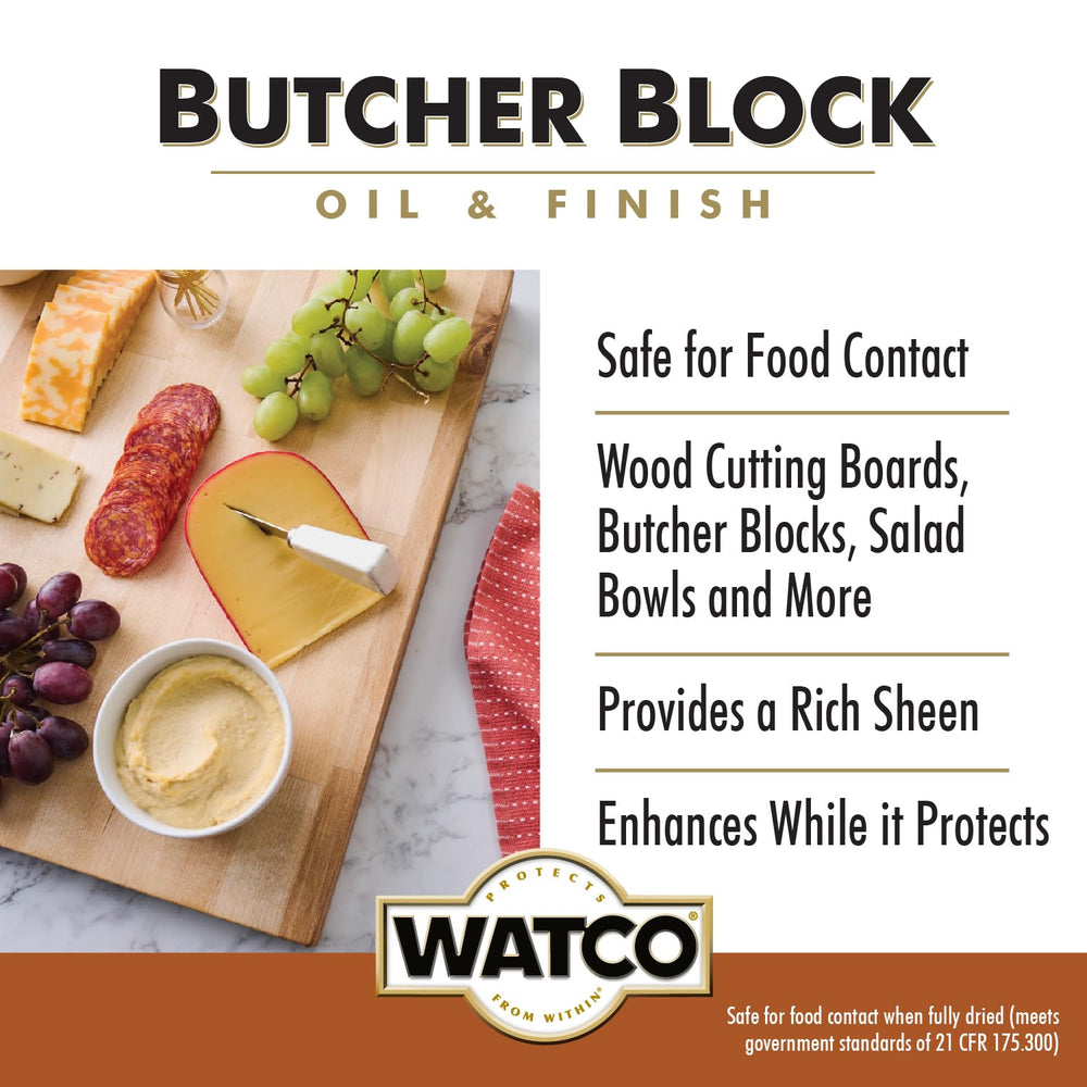 Watco Butcher Block Oil & Finish delivers a rich sheen on wood