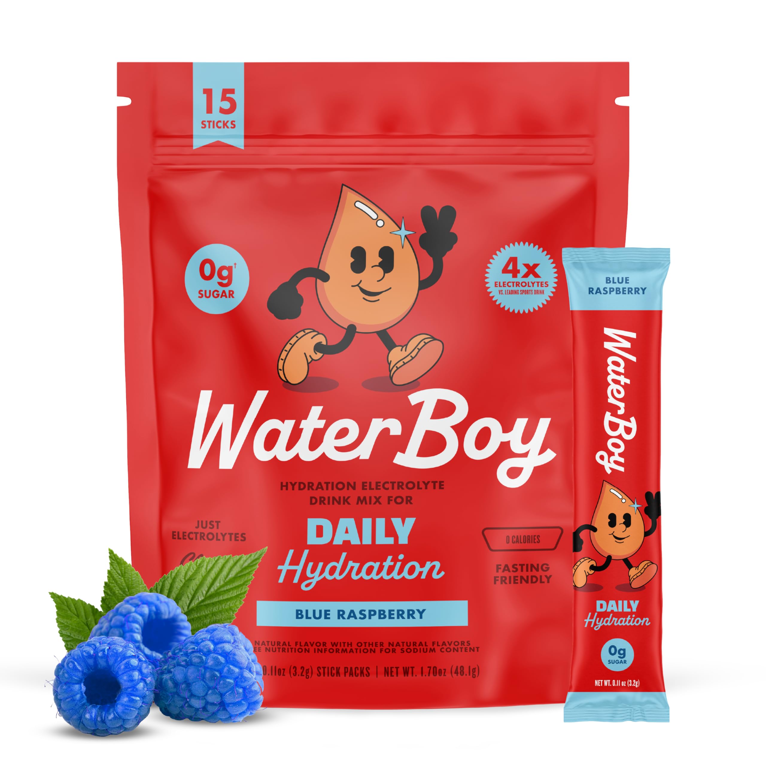 Waterboy Daily Hydration blue raspberry stick shows a convenient electrolyte packet for daily use