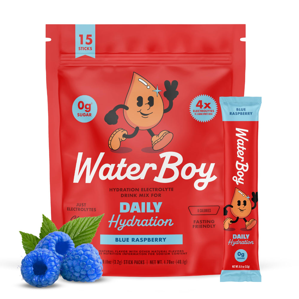 Waterboy Daily Hydration blue raspberry stick shows a convenient electrolyte packet for daily use