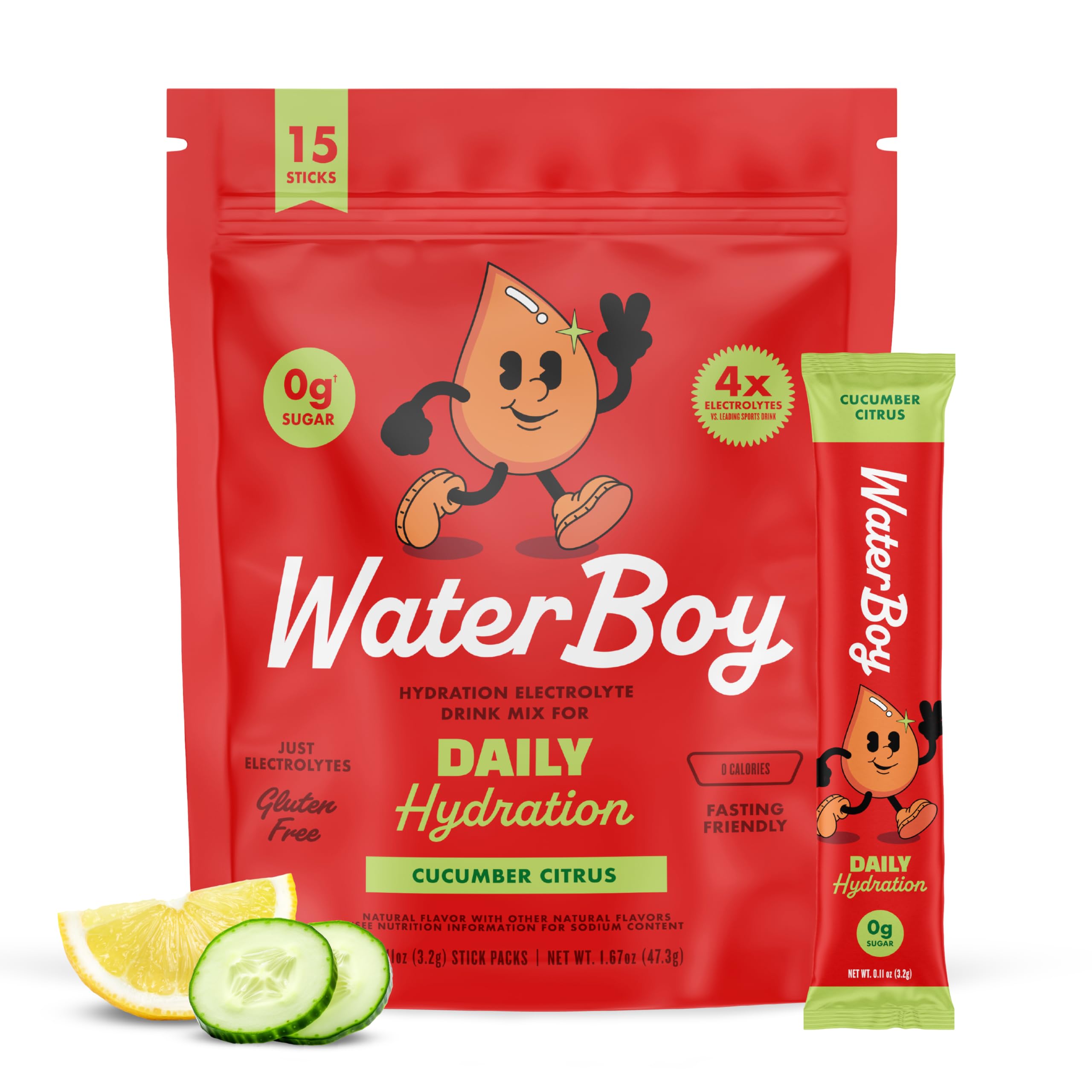 Waterboy Daily Hydration cucumber citrus stick delivering refreshing electrolytes for daily wellness.
