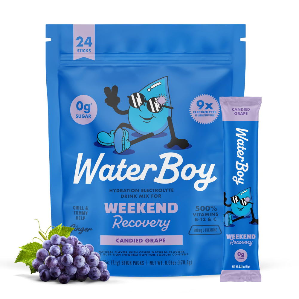 Waterboy Weekend Recovery packaging shown for on-the-go hydration and convenience.