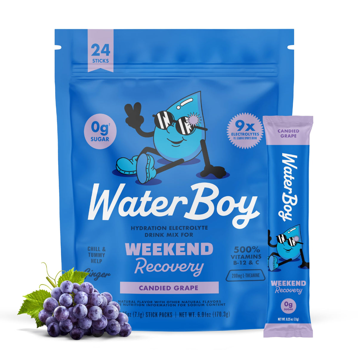 Waterboy Weekend Recovery packaging shown for on-the-go hydration and convenience.