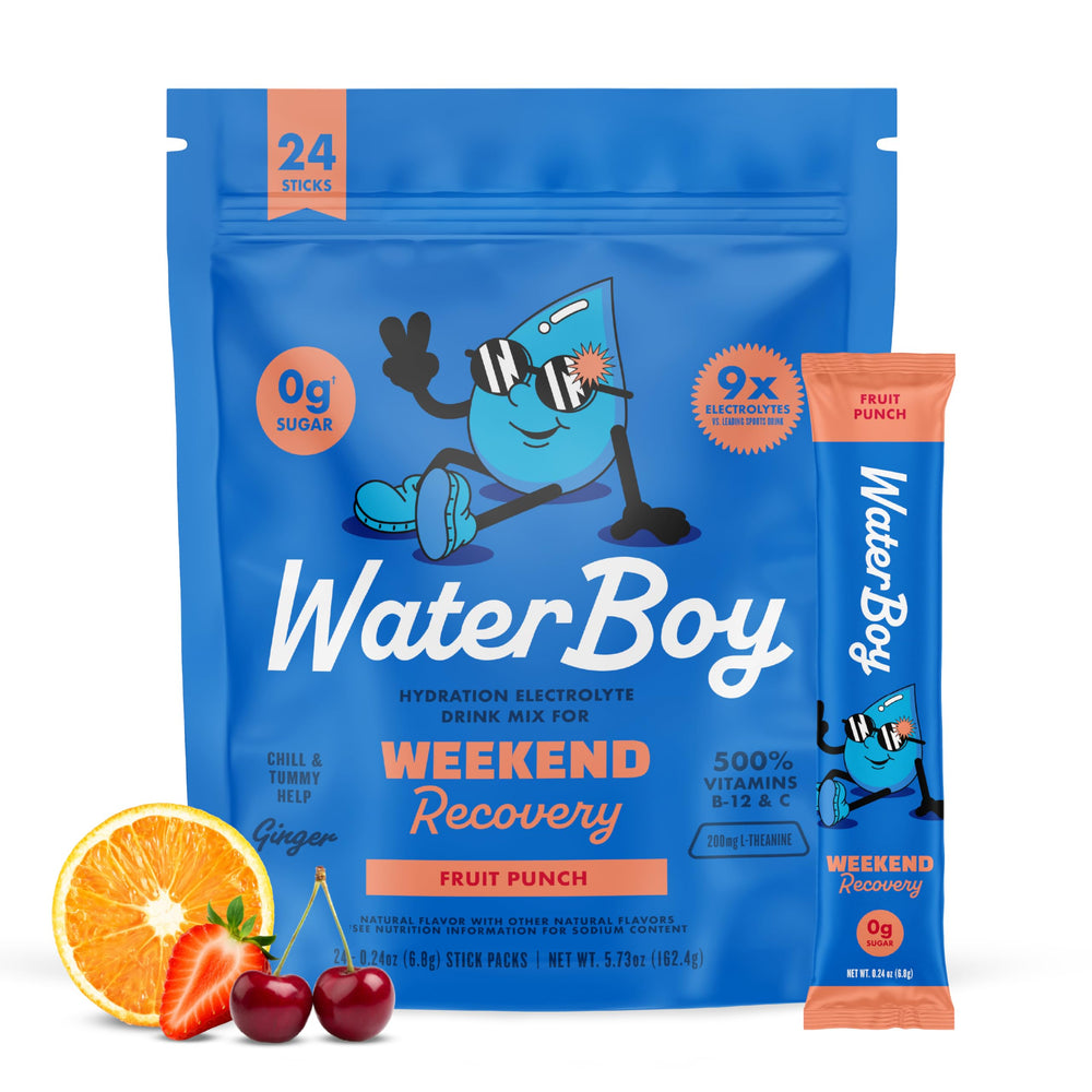 Waterboy Weekend Recovery packet with ginger and L-theanine for on-the-go hydration.