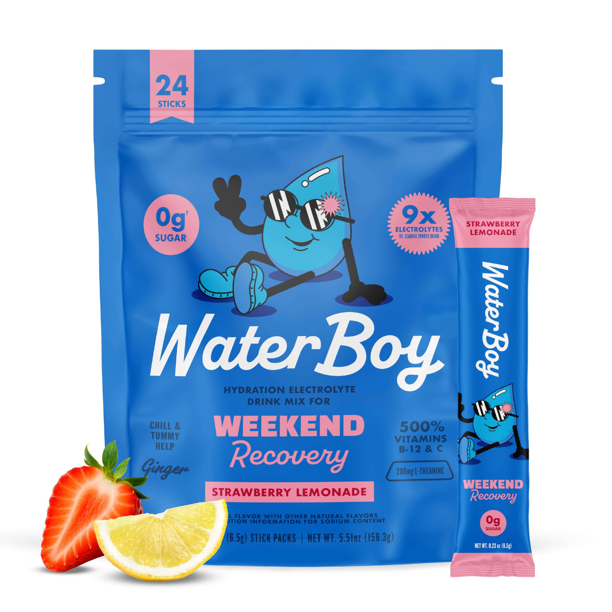 Waterboy Weekend Recovery powder being poured into a glass for quick hydration.
