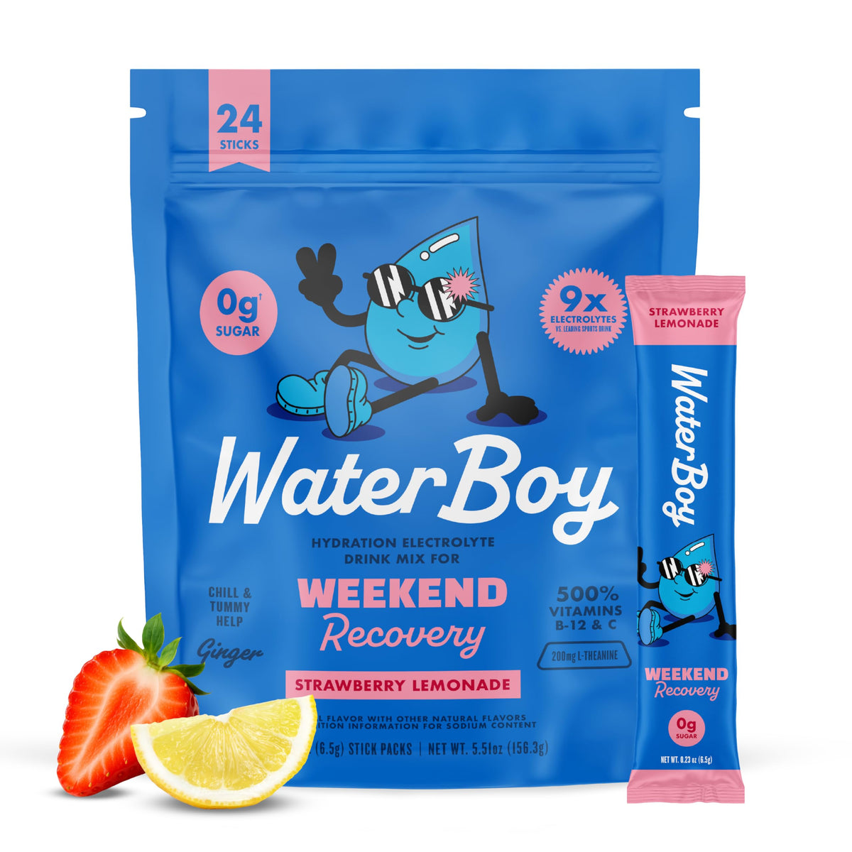 Waterboy Weekend Recovery powder being poured into a glass for quick hydration.