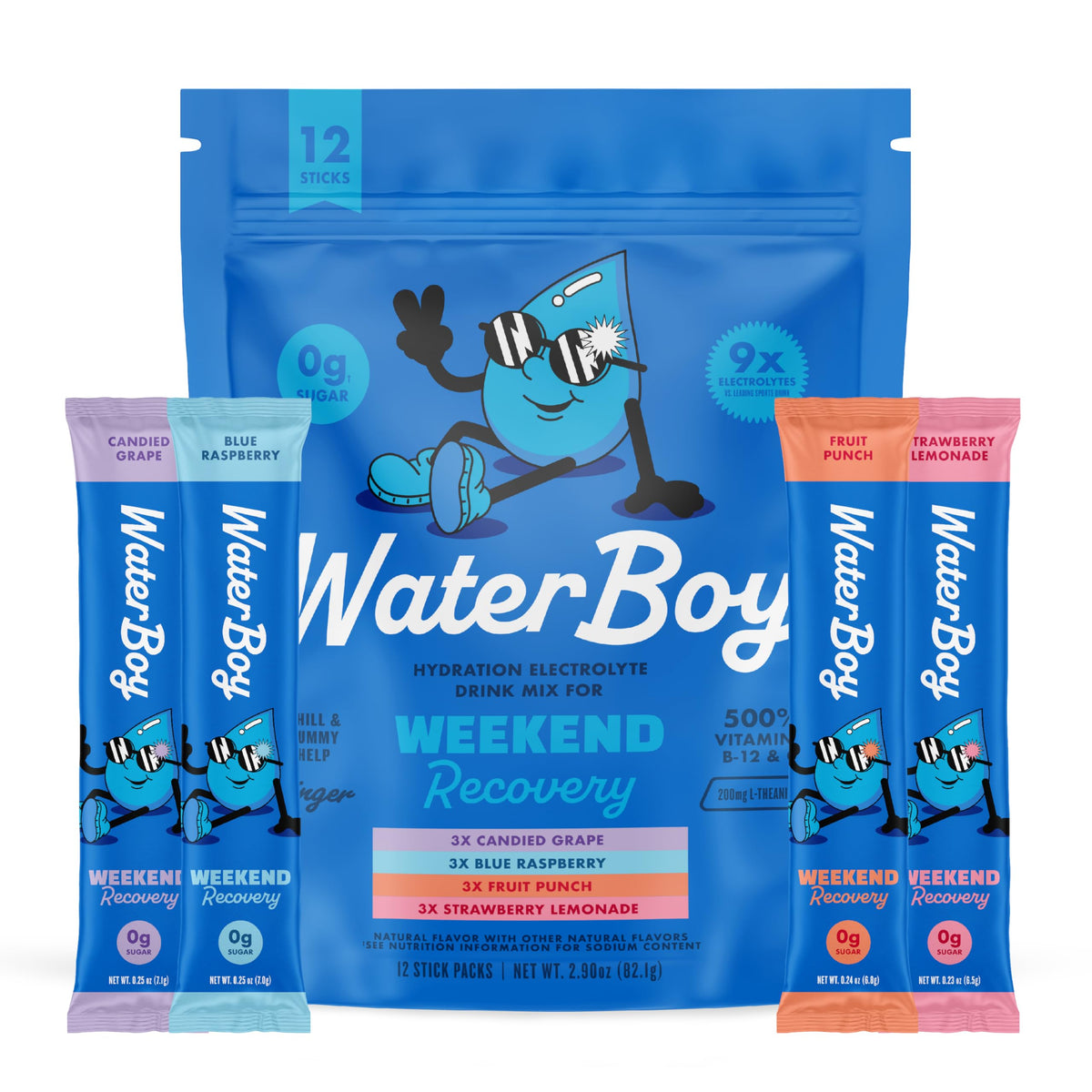 Waterboy Weekend Recovery sample pack box for on-the-go hydration.