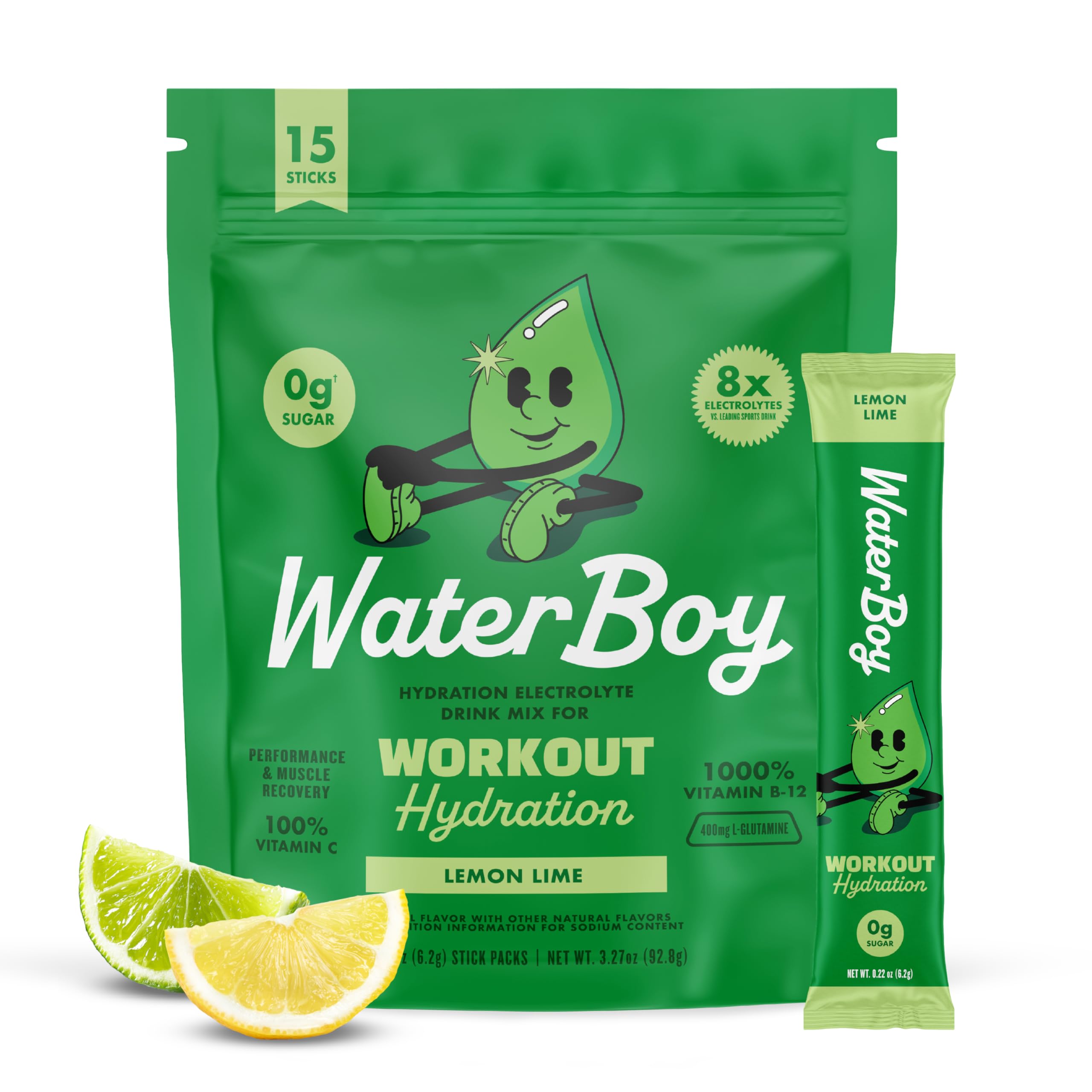 Waterboy Lemon Lime stick packet for quick hydration during workouts.