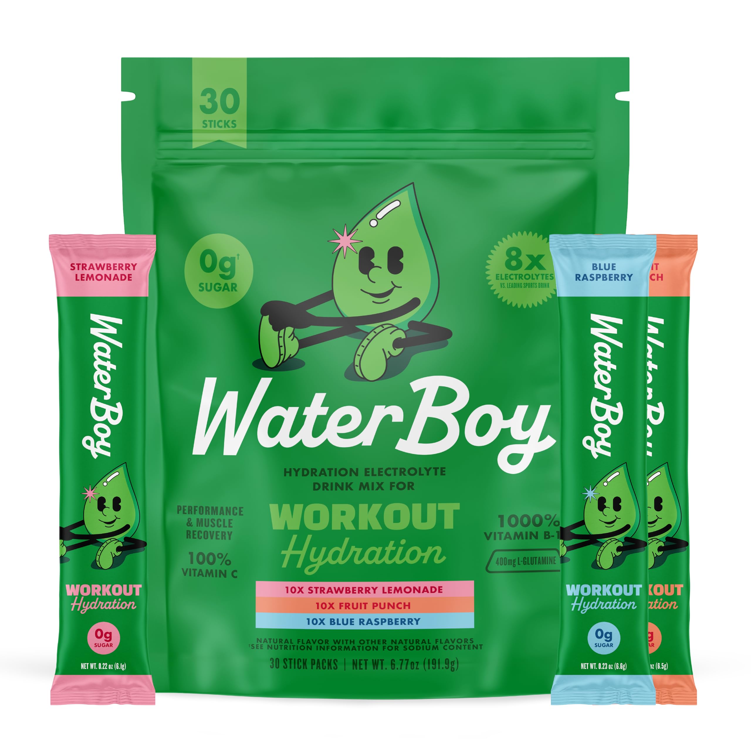 Waterboy Workout Hydration packet closeup showing electrolyte blend for steady energy during training