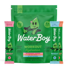Waterboy Workout Hydration packet closeup showing electrolyte blend for steady energy during training