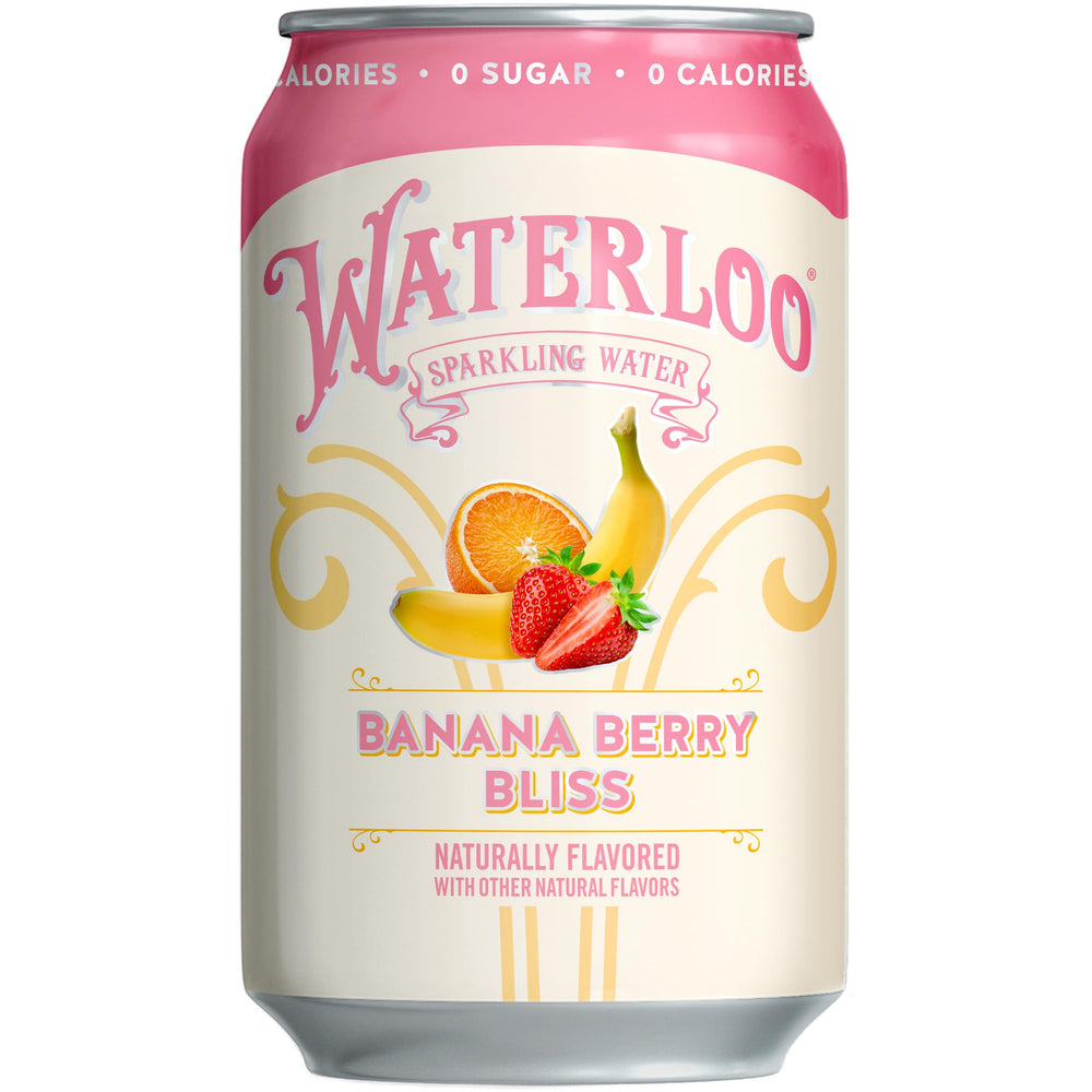 Waterloo Banana Berry Bliss label closeup reveals natural ingredients and flavor notes