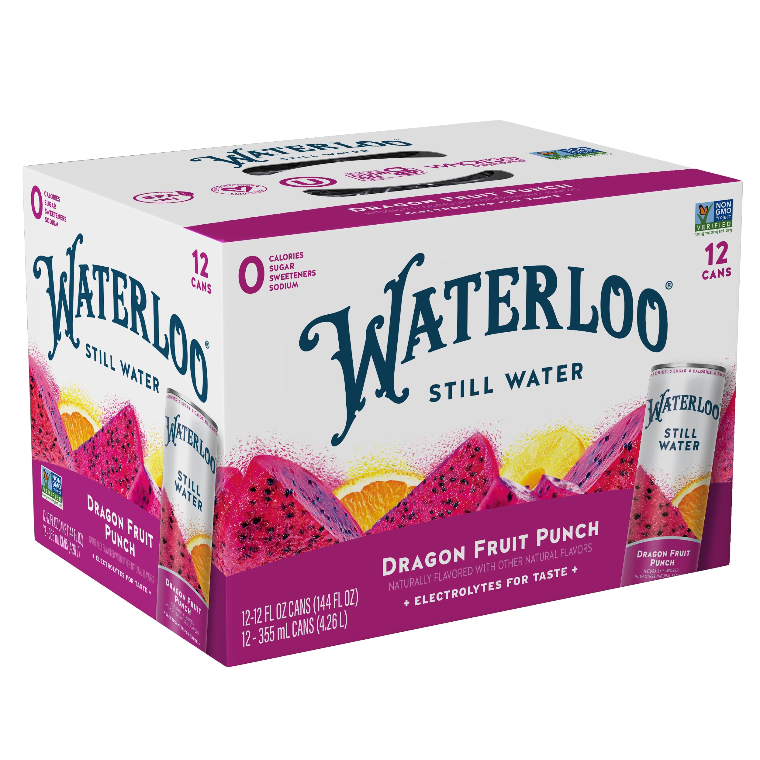 Waterloo Dragon Fruit Punch Still Water can close-up showing crisp refreshment for daily hydration