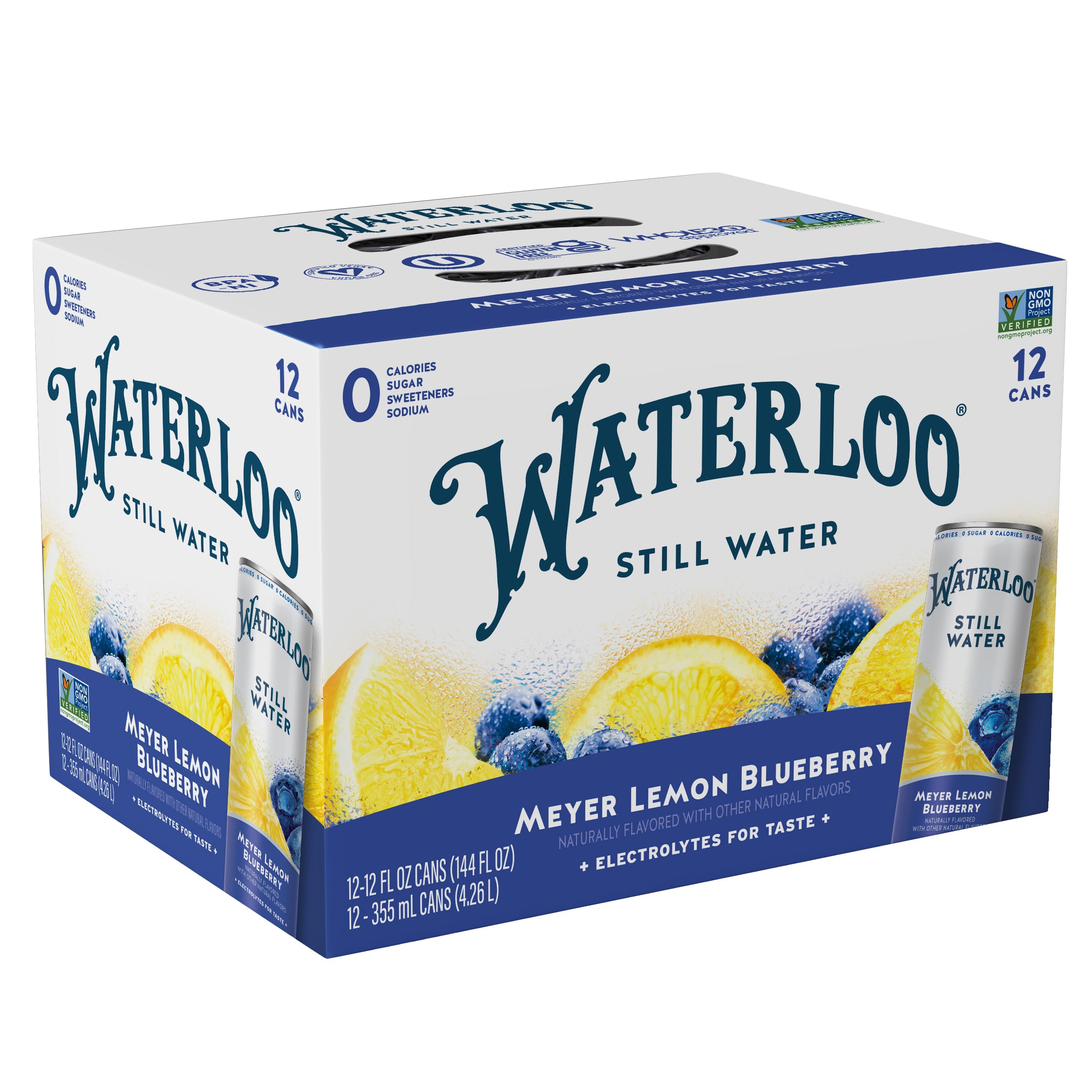 Waterloo Meyer Lemon Blueberry Still Water can front label shows crisp, zero-calorie refreshment.