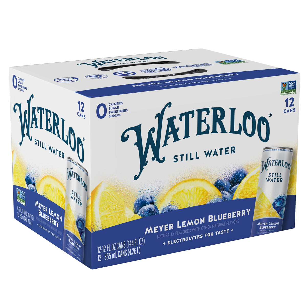 Waterloo Meyer Lemon Blueberry Still Water can front label shows crisp, zero-calorie refreshment.