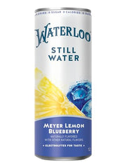 Pouring Waterloo Meyer Lemon Blueberry Still Water into a glass reveals a clean flavor profile.