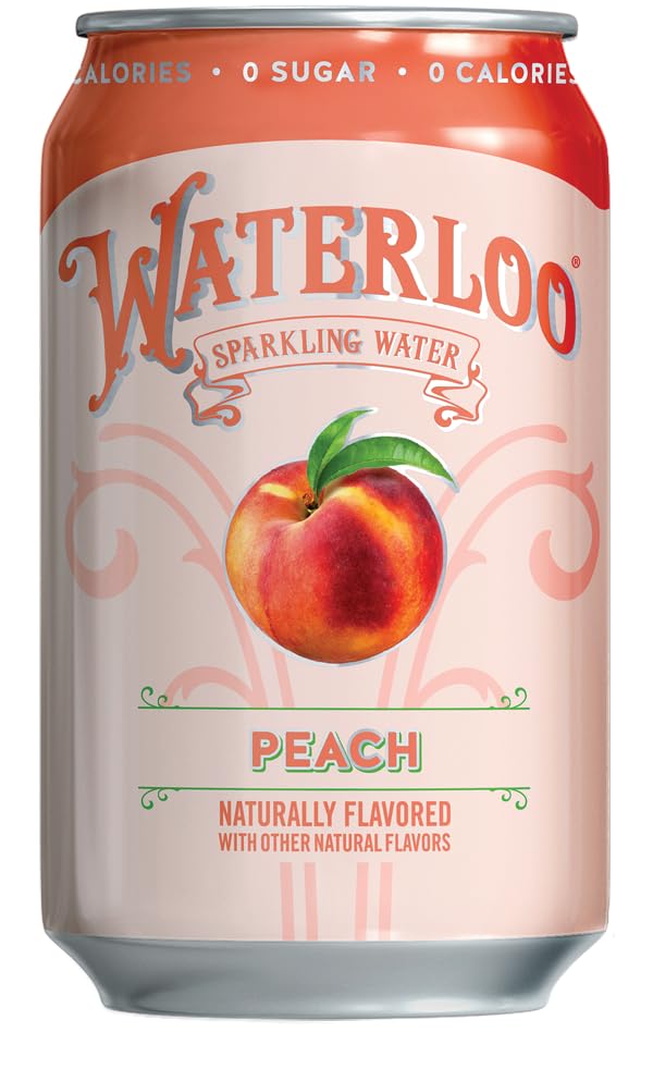 Pouring Waterloo Peach Sparkling Water into a glass with lively bubbles