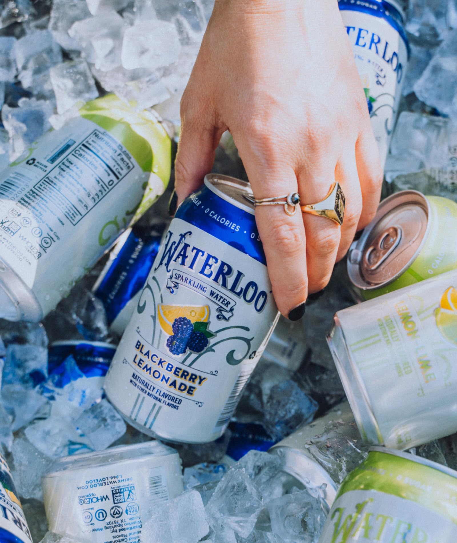 Waterloo Sparkling Water can shows eco-friendly aluminum packaging