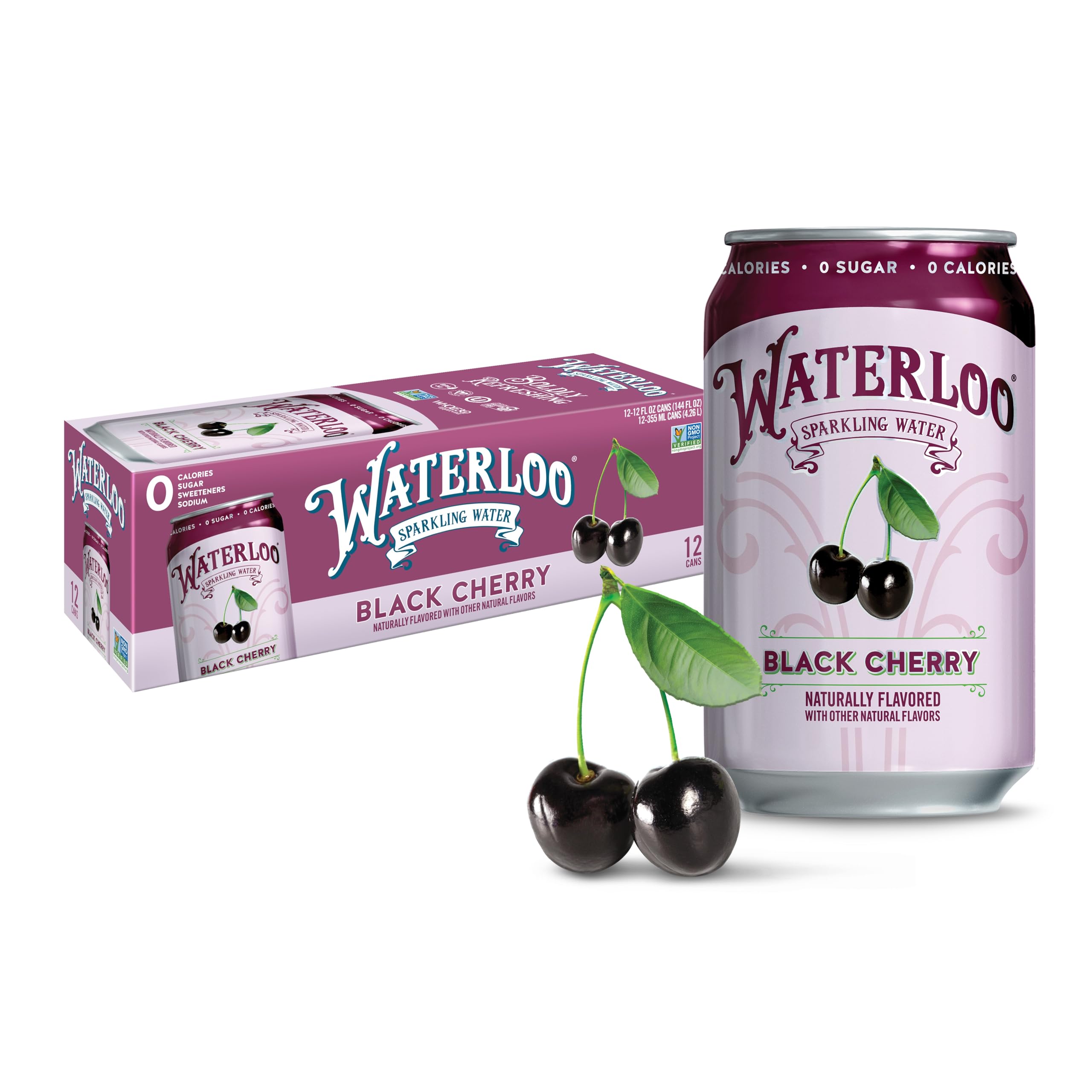 Waterloo Black Cherry sparkling water bottle highlights bold flavor and refreshing sip