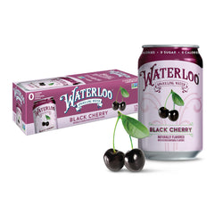 Waterloo Black Cherry sparkling water bottle highlights bold flavor and refreshing sip