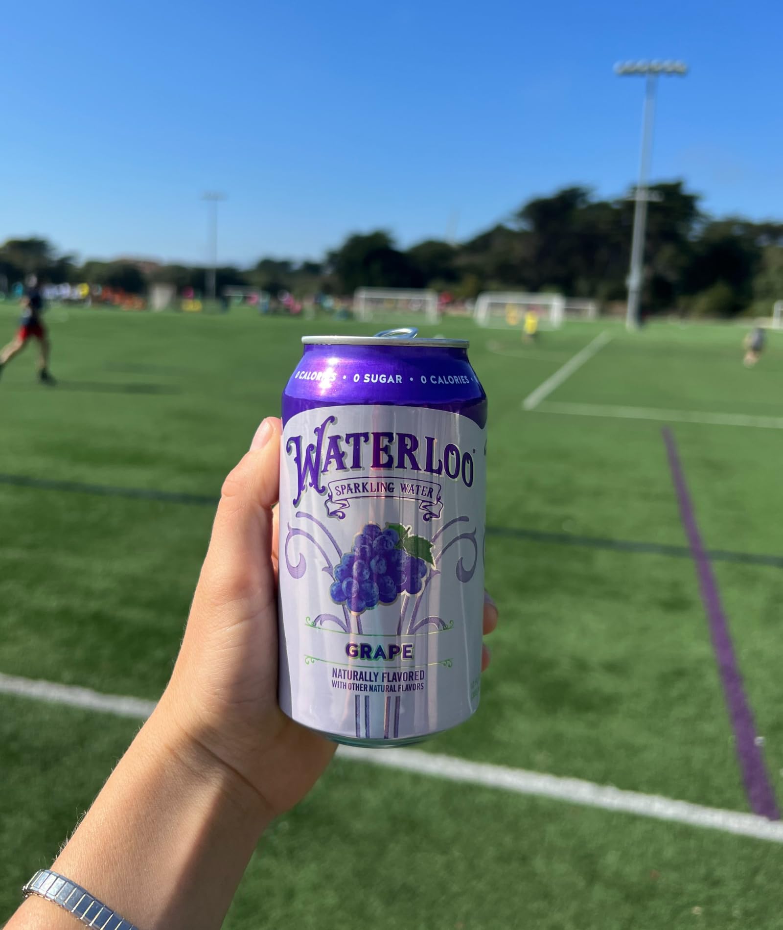 Waterloo Sparkling Water grape aluminum can packaging highlight