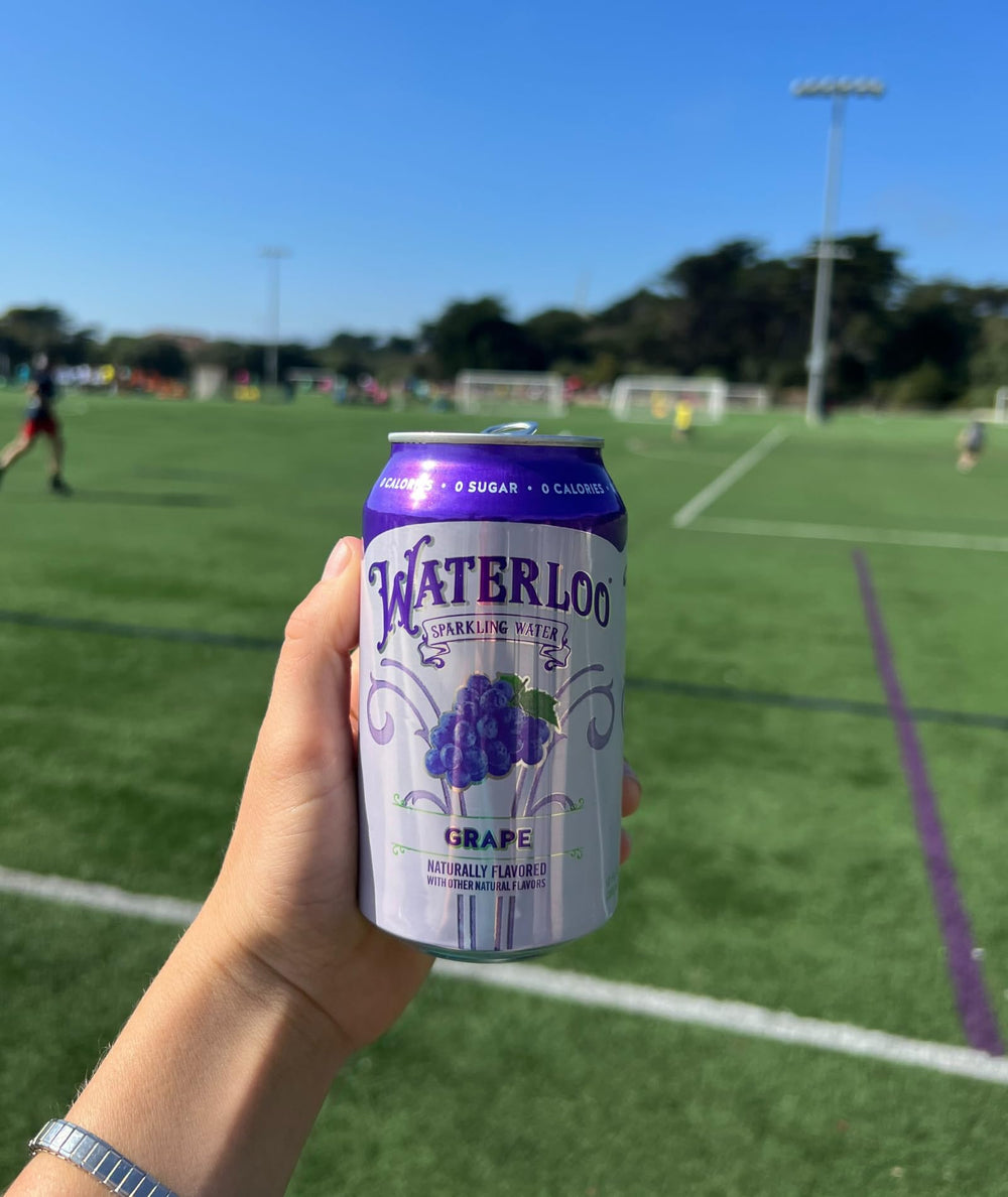 Waterloo Sparkling Water grape aluminum can packaging highlight