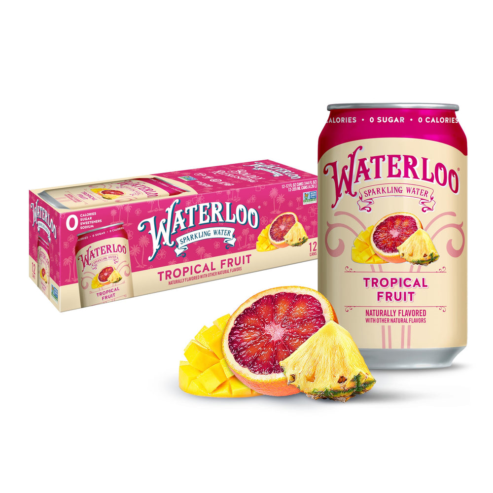 Waterloo Sparkling Water Tropical Fruit can front view showing crisp flavor potential