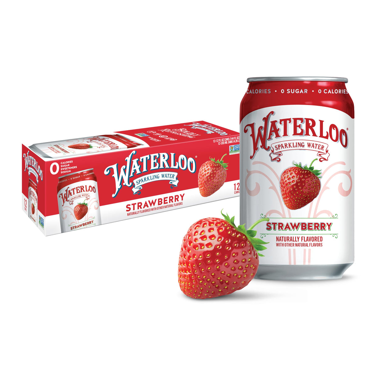 Waterloo Strawberry Sparkling Water 12oz can with bold flavor for a refreshing break