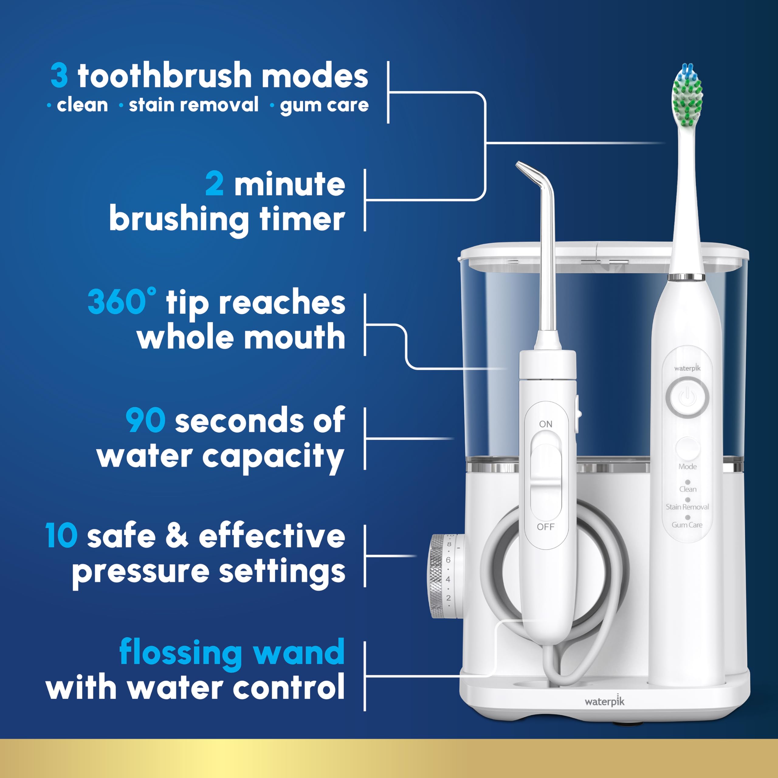 Waterpik Sensonic Complete Care toothbrush head with soft ADA-compliant bristles for gentle cleaning.