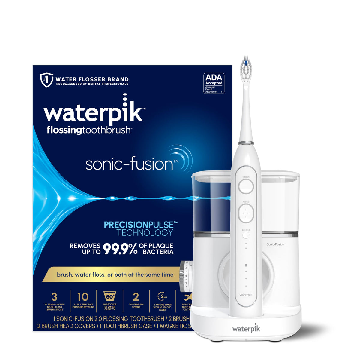 Waterpik Sonic-Fusion 2.0 handle on charging base for easy daily use
