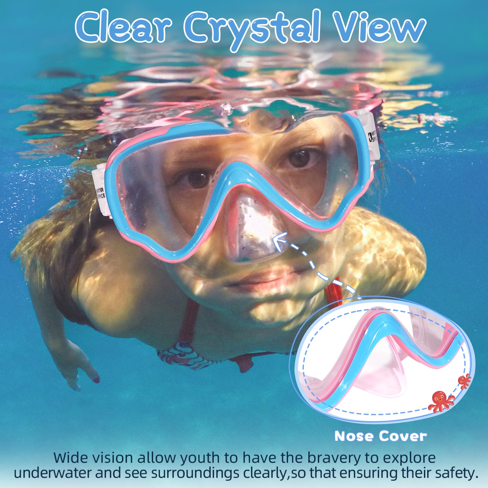 Water Space kids goggles in-use underwater conveying clear visibility and leak-free swimming.