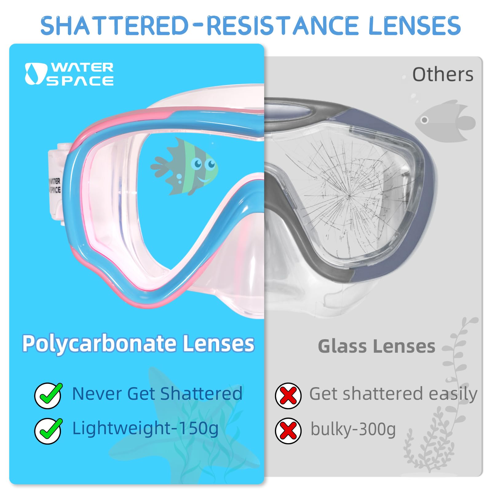 Water Space premium silicone skirt ensures a soft seal and comfortable facial fit.