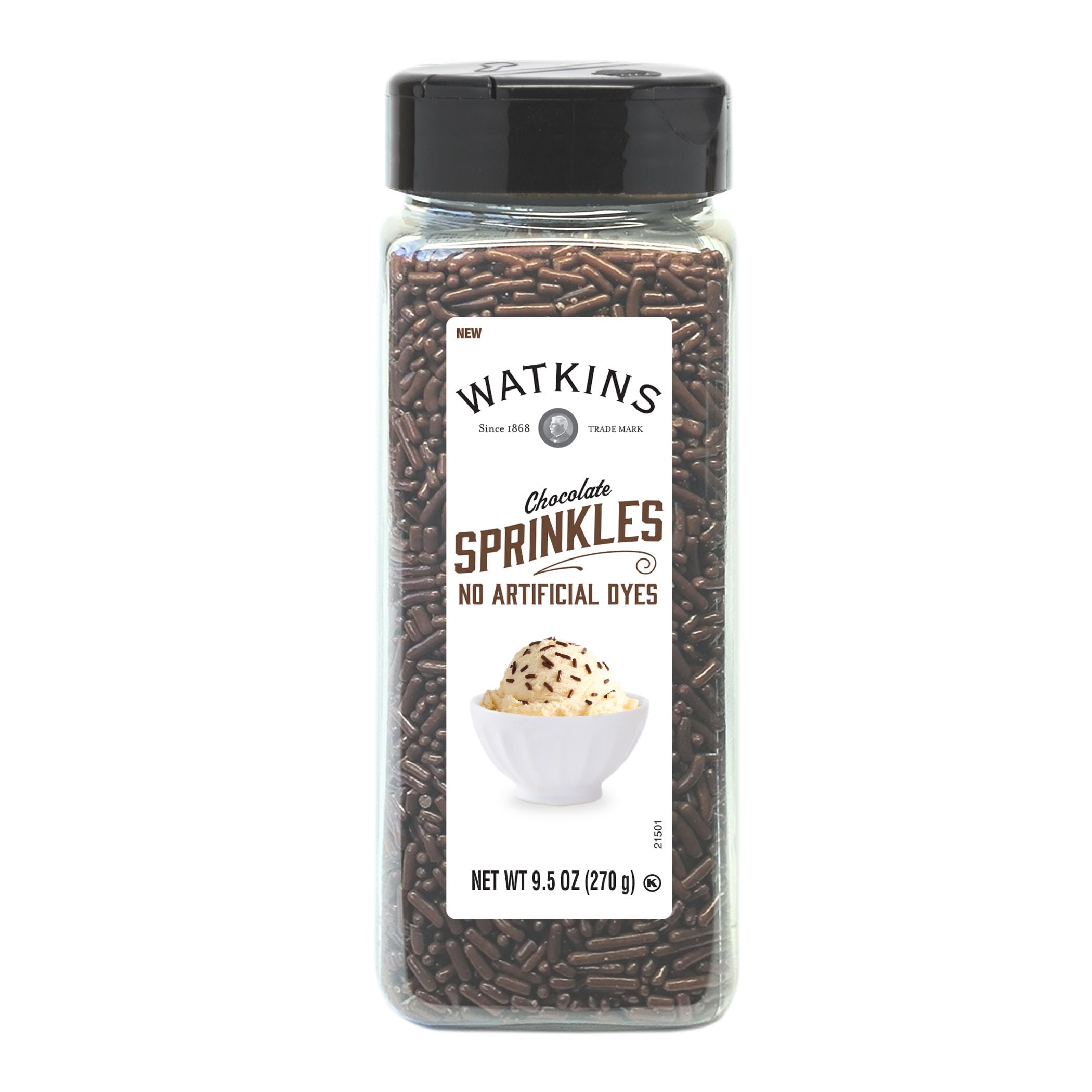 Watkins chocolate sprinkles packaging close-up highlighting natural colorings.