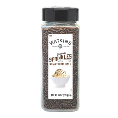 Watkins chocolate sprinkles packaging close-up highlighting natural colorings.