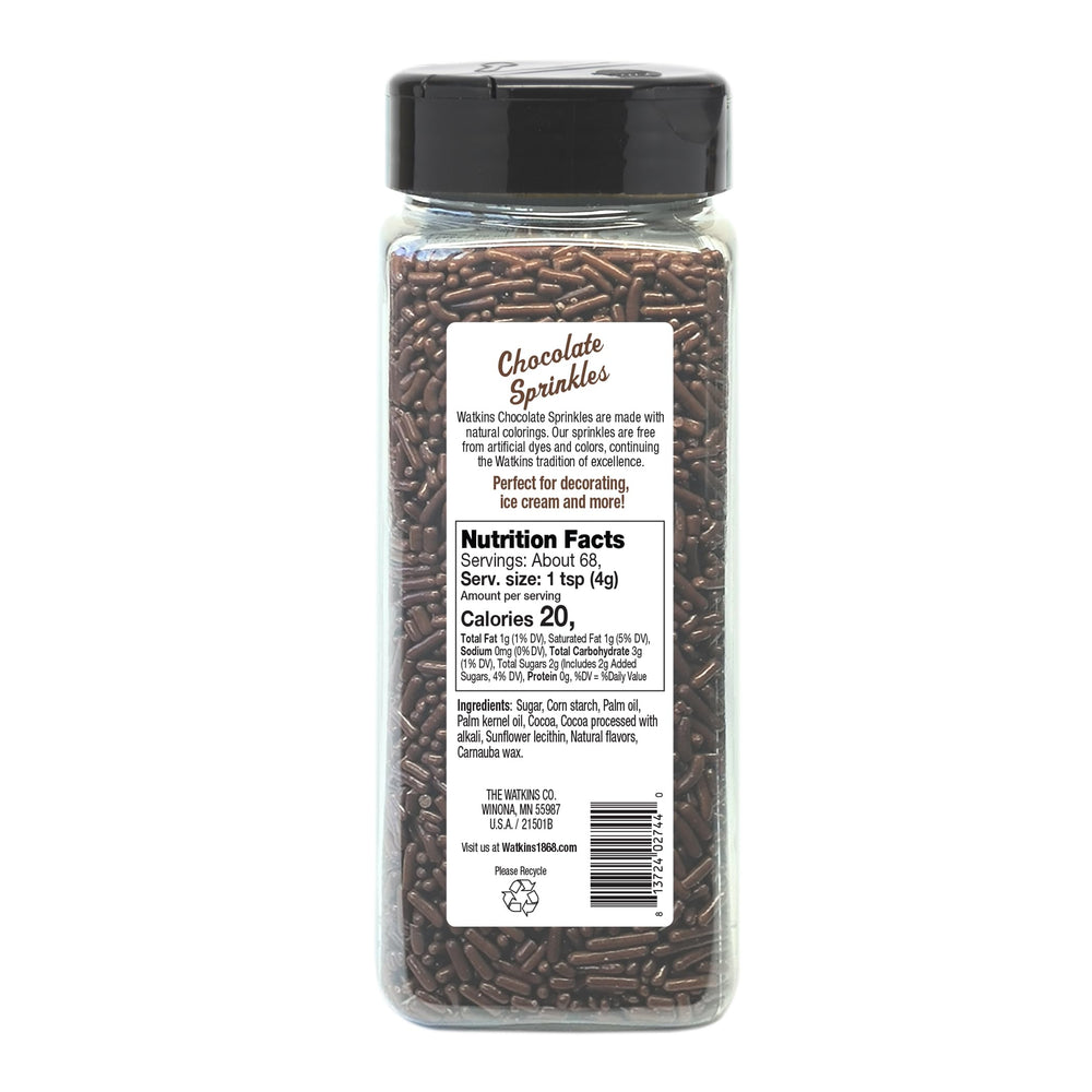 Watkins chocolate sprinkles being poured over dessert for vibrant decoration.