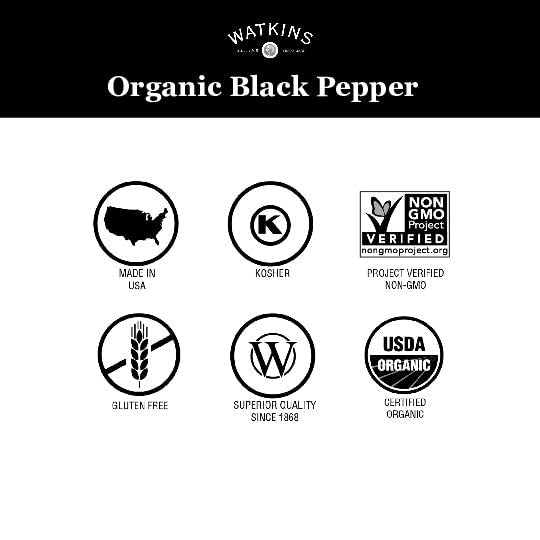 Watkins organic pepper on a kitchen counter, ideal for everyday flavor enhancements.