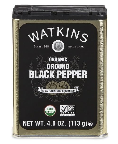 Watkins Gourmet Organic Ground Black Pepper in a golden tin ready for pantry use.