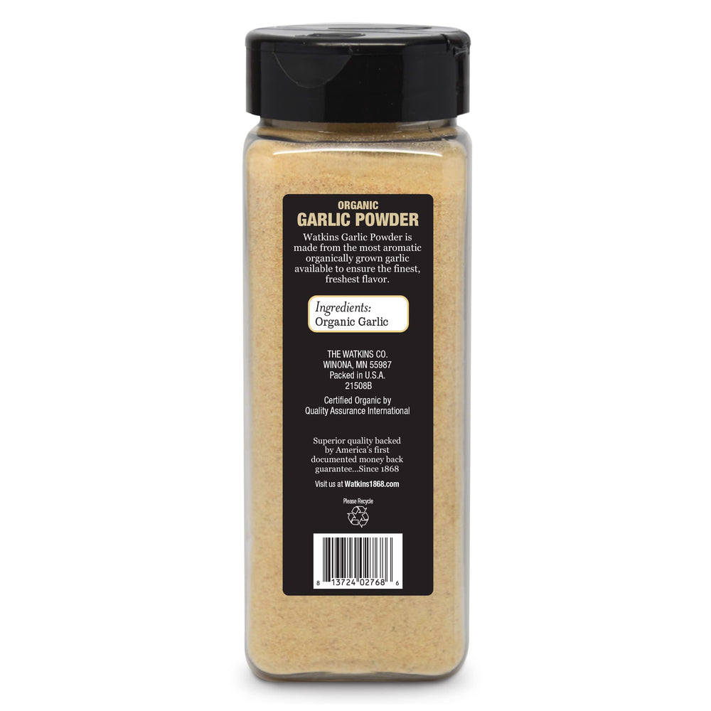 Watkins Organic Garlic Powder label closeup highlighting organic certification for confident cooking.