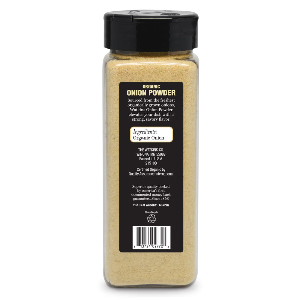 Watkins Organic Onion Powder jar closeup highlights fine texture for even seasoning