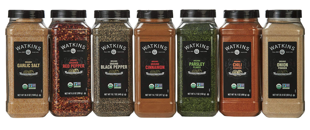 Watkins Organic Onion Powder, USDA Organic, enhances soups and sauces.